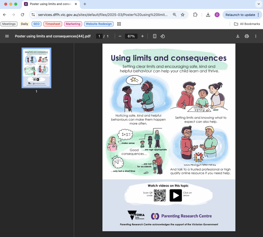 Poster / Illustration from DFFH website showing tips on how to use limits and consequences with your child